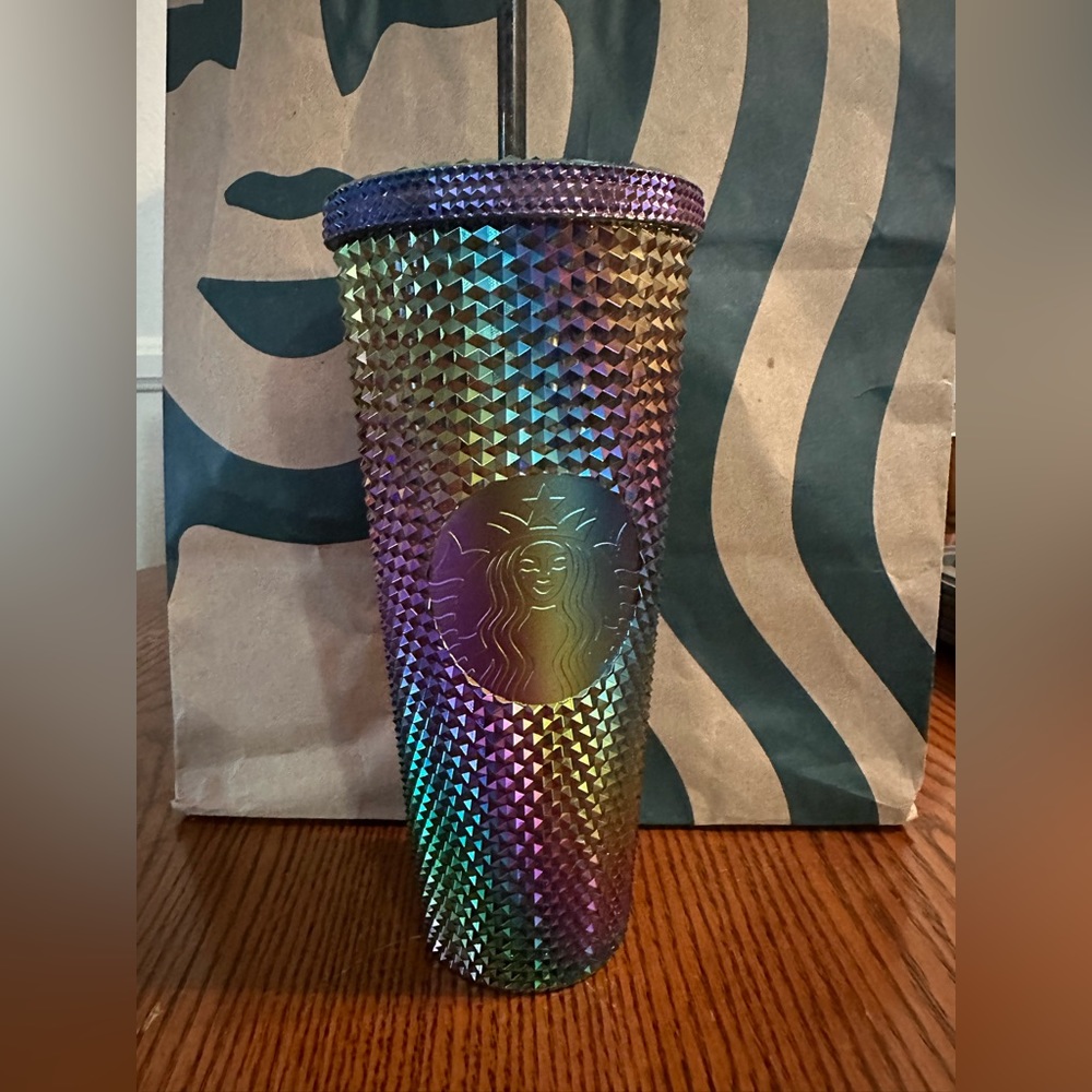 Starbucks 2023 Fall Oil Slick Rainbow Black Bling Studded Cold Cup Tumbler 24 Oz